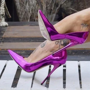Фиолетовые Переливающиеся туфли-лодочки из лакированной кожи на высоком каблуке, Флуоресцентные Туфли-лодочки на шпильке с острым носком, свадебные туфли на мелком каблуке