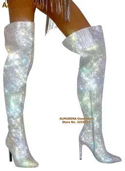 ALMUDENA/ Серебристо-черные Ботфорты выше колена с Разноцветными Кристаллами, Блестящие сапоги до бедра на тонком Каблуке с острым носком и стразами