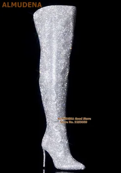 ALMUDENA/ Серебристо-черные Ботфорты выше колена с Разноцветными Кристаллами, Блестящие сапоги до бедра на тонком Каблуке с острым носком и стразами