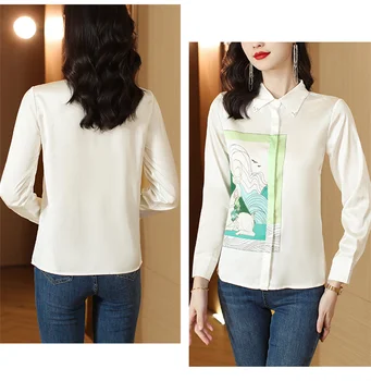 PLAZSON Blusas, Женская белая блузка большого размера, Элегантная шелковая рубашка с длинным рукавом и лацканами, офисная женская рубашка, лоскутное шитье 셔츠 и 블라우스 рубашка