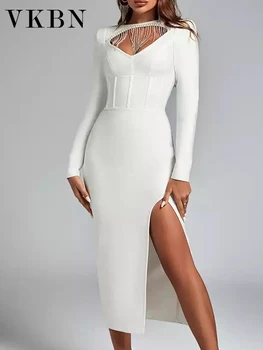 VKBN Летние Платья 2023, Женские Белые Платья с круглым вырезом и длинными рукавами, с кисточками на груди и спине, Элегантные Праздничные платья