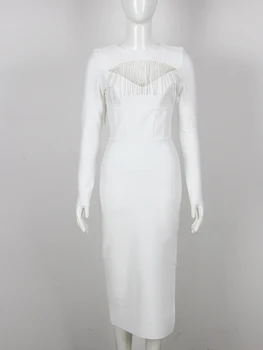 VKBN Летние Платья 2023, Женские Белые Платья с круглым вырезом и длинными рукавами, с кисточками на груди и спине, Элегантные Праздничные платья