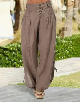 Дизайн кармана на пуговицах, Широкие брюки на шнурке, 2023 Европейская и американская Женская Повседневная летняя мода, Новые брюки с высокой талией