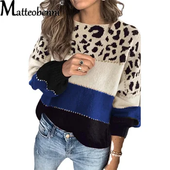 Осень-зима, Новый стиль, контрастный свитер, Женский Повседневный Свободный Свитер с круглым вырезом, топы, пуловеры с леопардовым принтом