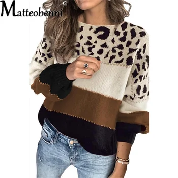 Осень-зима, Новый стиль, контрастный свитер, Женский Повседневный Свободный Свитер с круглым вырезом, топы, пуловеры с леопардовым принтом