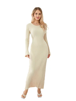 Женское трикотажное платье, Элегантное осеннее длинное платье в рубчик с круглым вырезом и длинными рукавами, уличная одежда