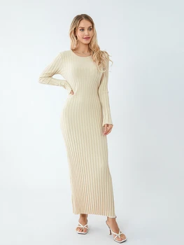 Женское трикотажное платье, Элегантное осеннее длинное платье в рубчик с круглым вырезом и длинными рукавами, уличная одежда