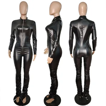 CM.YAYA/ Женский комбинезон из искусственной кожи на молнии с длинными рукавами и рюшами, сексуальный праздничный черный цельный комбинезон, комбинезоны