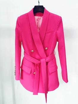 Хай-СТРИТ, Новая мода 2023, Дизайнерская куртка, женский двубортный блейзер с воротником-шалью на пуговицах со львом, ярко-розовый