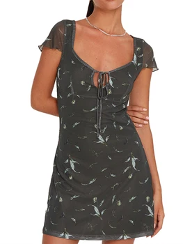 Женское Мини-платье с коротким рукавом, Летнее Платье с Цветочным Принтом на Завязках для Повседневной носки