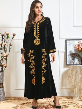 Модное Новое мусульманское Женское Бархатное платье с цветочным узором, вышивка золотой нитью, Круглый вырез, Длинный рукав, Арабское Повседневное Свободное платье