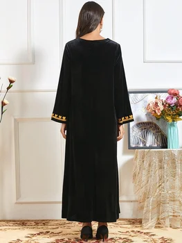 Модное Новое мусульманское Женское Бархатное платье с цветочным узором, вышивка золотой нитью, Круглый вырез, Длинный рукав, Арабское Повседневное Свободное платье