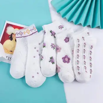 5 Пар Корейских Элегантных Милых Жаккардовых Желтых Кружевных носков с цветочным Рисунком для девочек, Милое женское Белое Невидимое студенческое платье, Sox