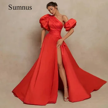 Ярко-Красное Вечернее Платье С Пышными рукавами На одно плечо, Платья Для Выпускного Вечера с Высоким Разрезом, Атласное Вечернее платье Трапециевидной Формы Для Женщин, Vestidos de Fiesta Mujer