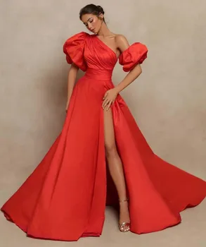Ярко-Красное Вечернее Платье С Пышными рукавами На одно плечо, Платья Для Выпускного Вечера с Высоким Разрезом, Атласное Вечернее платье Трапециевидной Формы Для Женщин, Vestidos de Fiesta Mujer